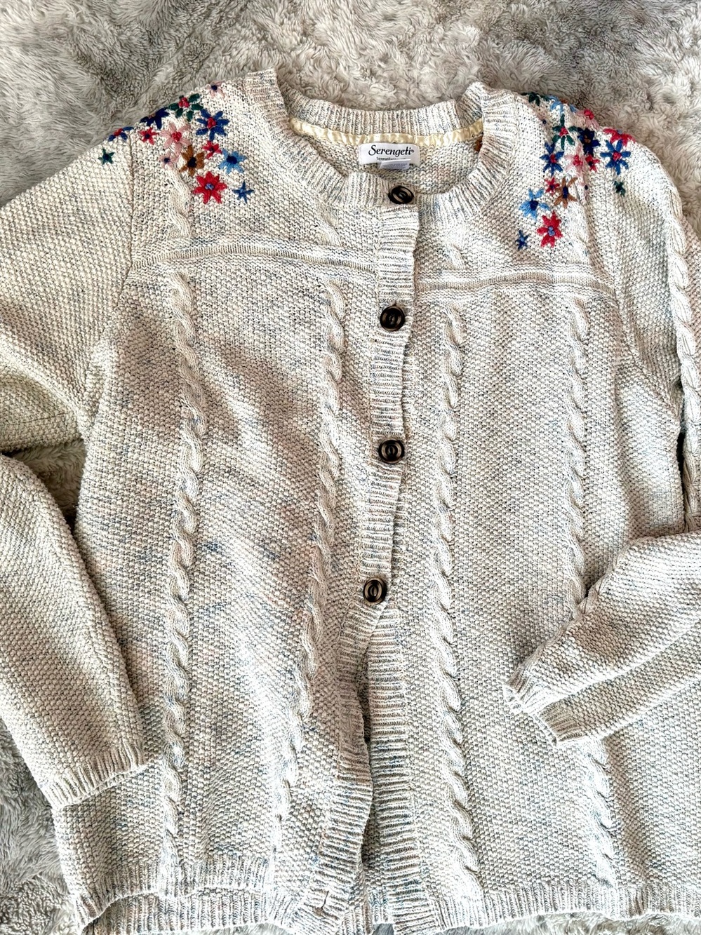 Serengeti Cream Cable-Knit Cardigan with Multicolor Floral Embroidery 1X